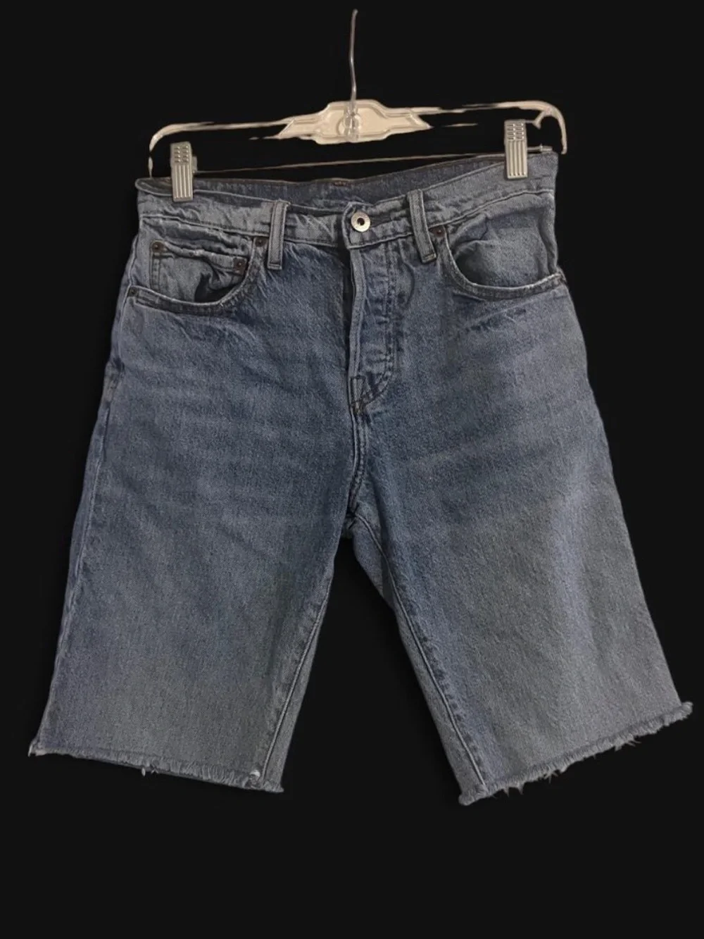 NSF Light Blue Denim long Shorts with button fly closure